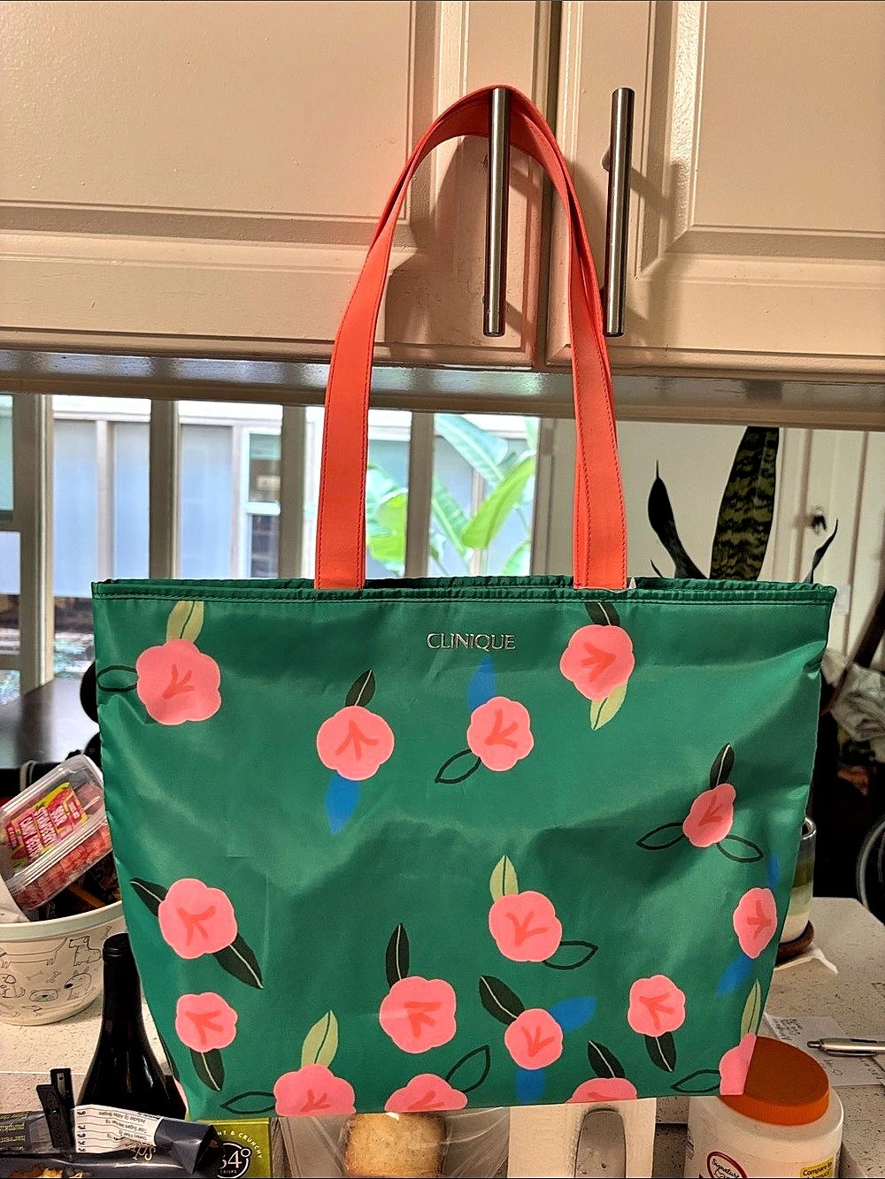 Clinique Green Pink Floral Tote Bag in Green & Pink NWT